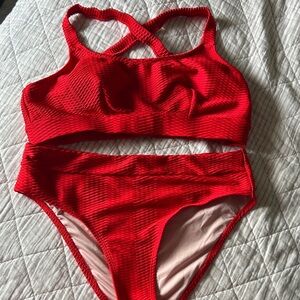 Red Textured Bikini Set